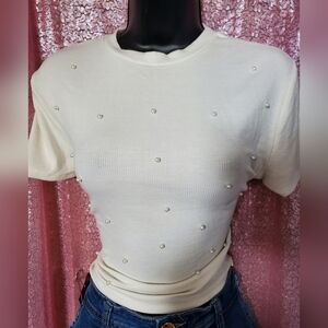 Elegant Cream Pearl-Embellished Women's Top